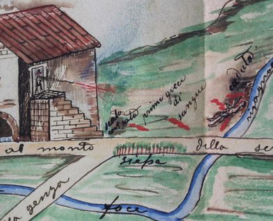 Dettaglio dello schizzo acquarellato della scena del crimine con ricostruzione della dinamica del delitto.